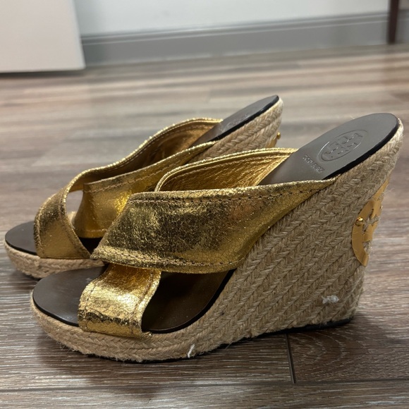 Tory Burch Gold Wedge Sandals - Picture 1 of 6